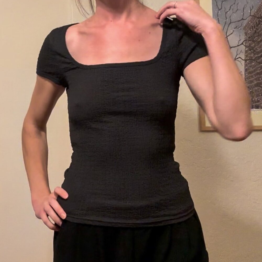 Fitted Square-Neck Top in Black Crinkle Crepe Fabric, NWT